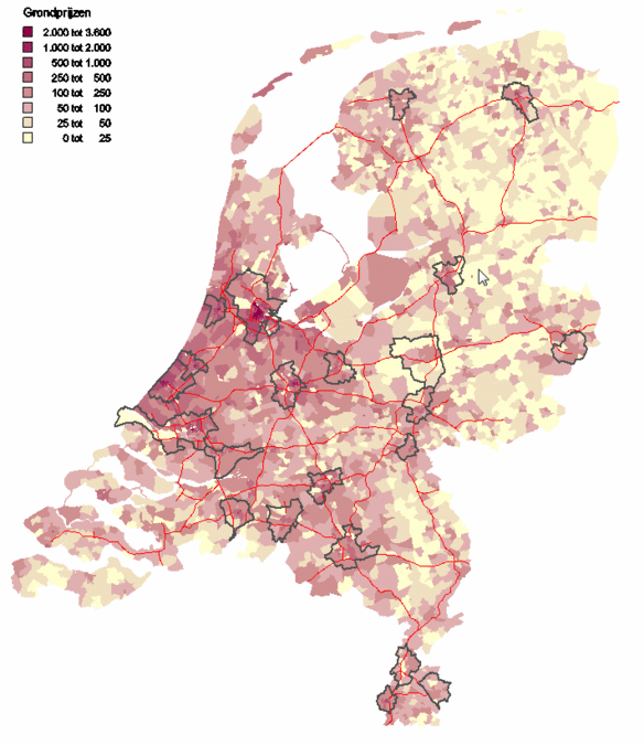 Figuur 1: Grote verschillen in de prijs van bewoonde grond